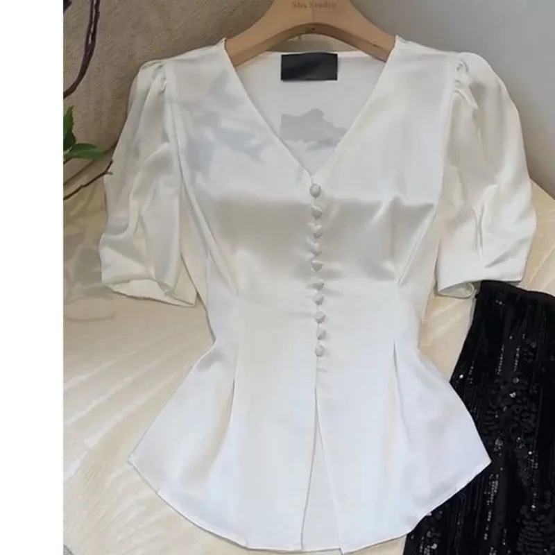 A Niche Style Waist Up White Short Sleeved Shirt Summer Belly Covering Sequin Fish Tail Half Skirt Commuting Two-piece Set