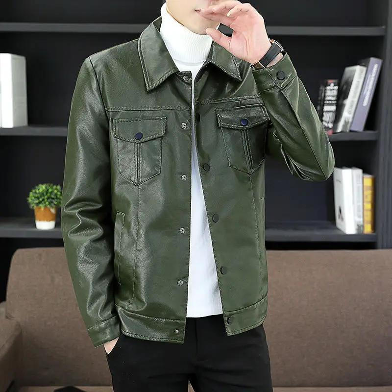 2024 New Style Leather Men's New Lapel Handsome Casual Thin Plus Fleece Coat Young Slim Korean Wear Fashion Trend Zipper Jacket 5
