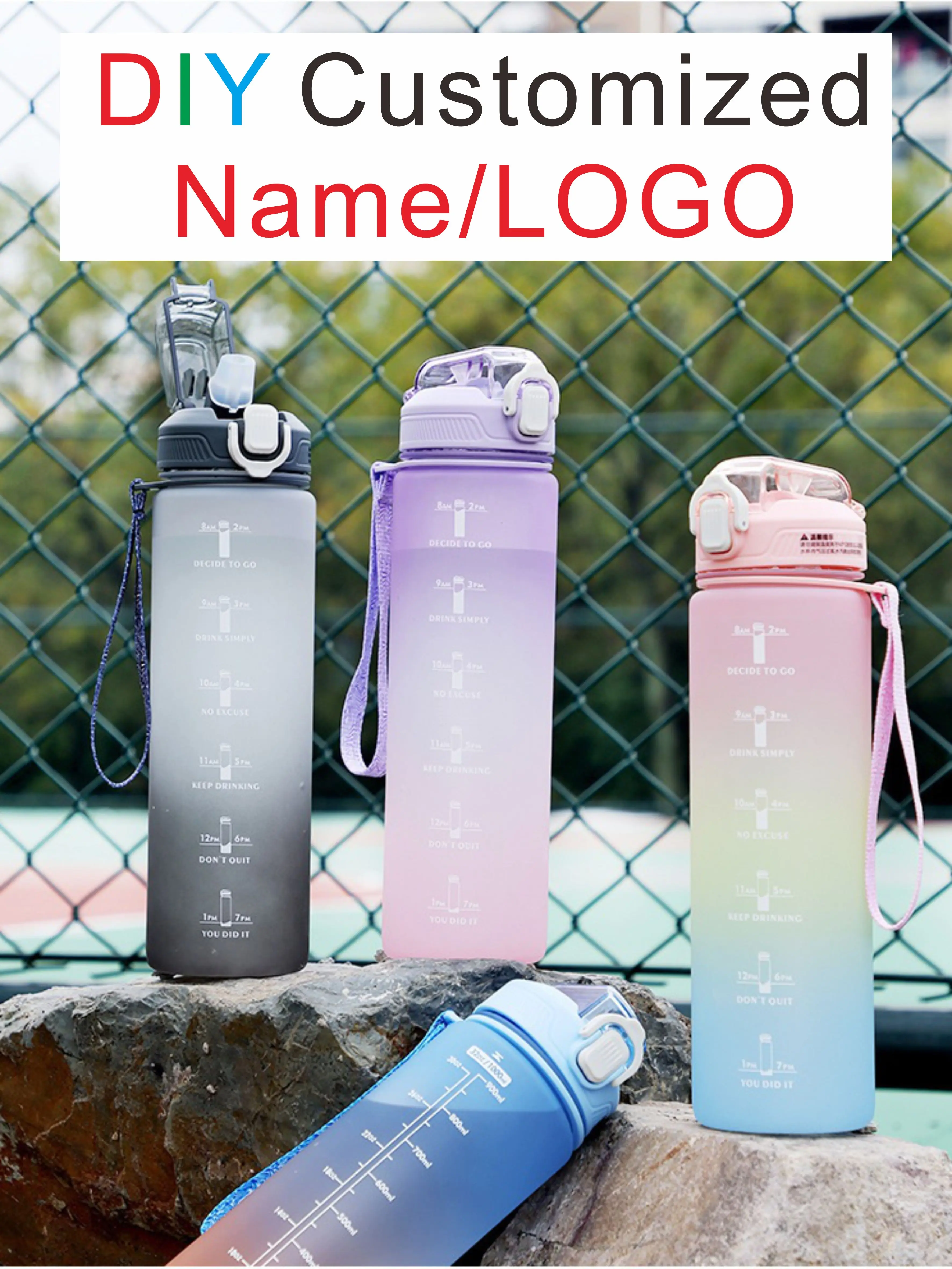 Sommer flasche DIY angepasste Logo Name große Größe 1000ml Tasse Reise Outdoor Sport Stroh Getränk Saft Behälter Farbverlauf Farben – Detail 1