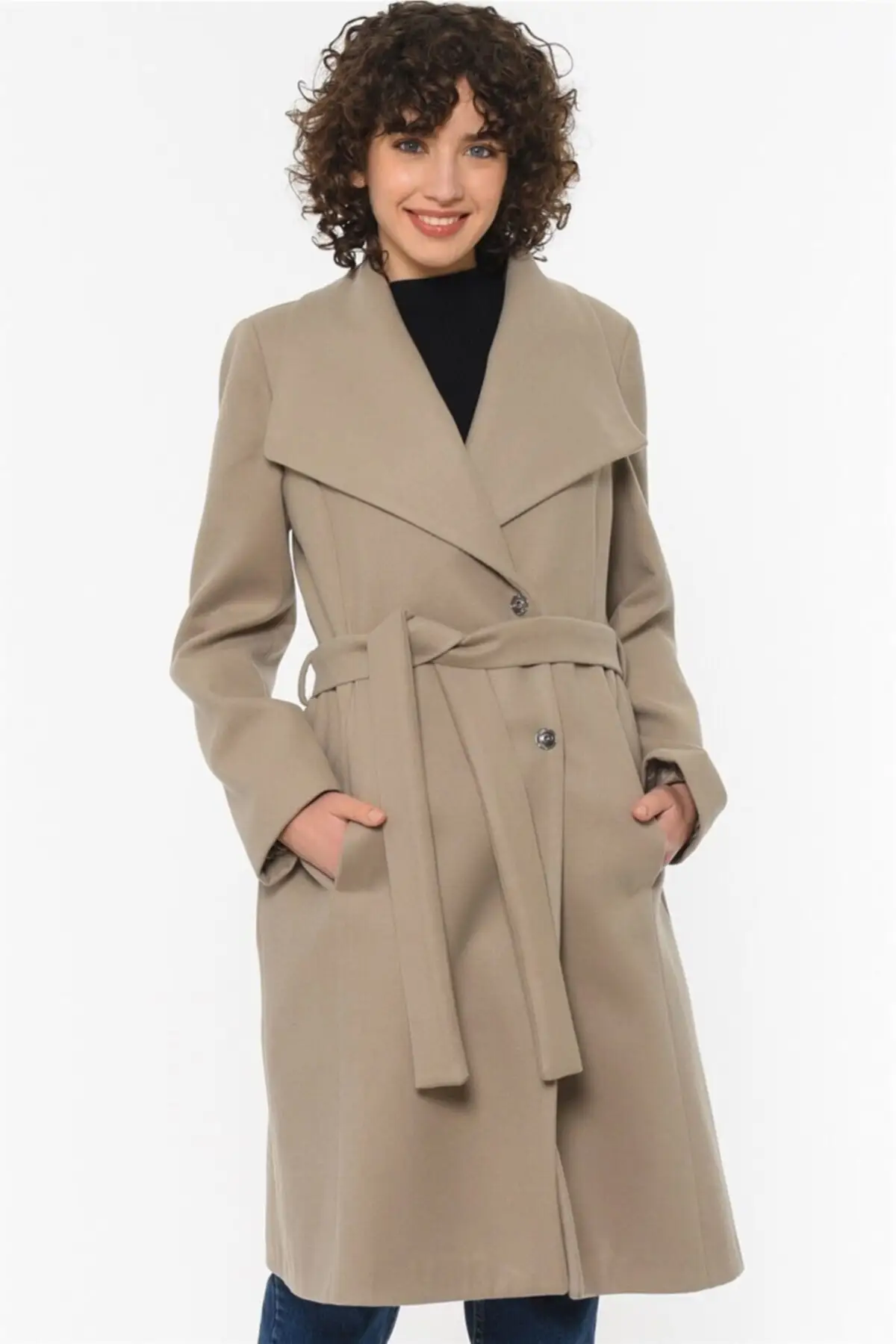 Women's Coats Beige Long Sleeve Patternless Thick Buttoned Belt Stylish Elegant 2021 Winter Autumn Fashion Outerwear Coats