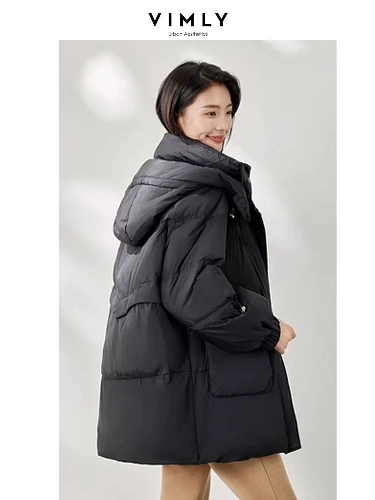 Vimly Black Hooded Zipeer Duck Down Coat 2023 Winter Lightweight Warm Thick Stand Collar Long Sleeve Women Jacket Clothing 50629