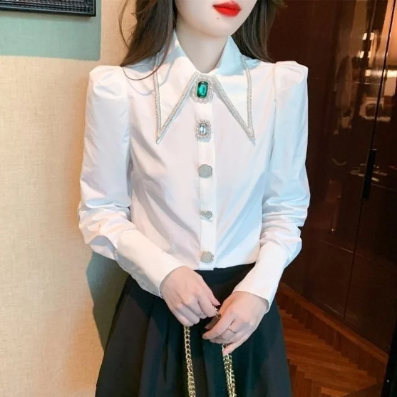 Women Autumn New Polo Collar Shirt Fashion and Elegant Studded with Diamonds Solid Buttons Casual and Versatile Long Sleeve Tops