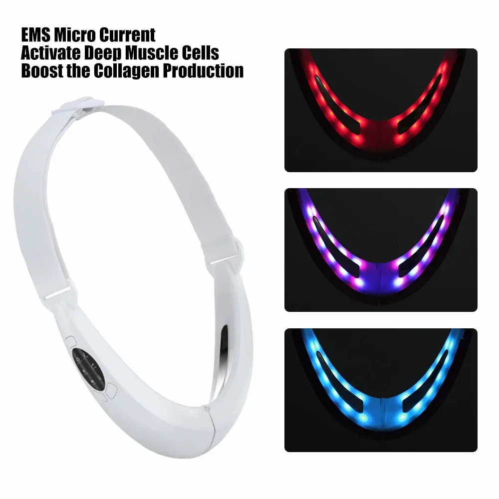 Electric V Shape Face Lifting Machine Slimming Belt with Blue & Red Light Hot Compress EMS Facial Massager Double Chin Removal
