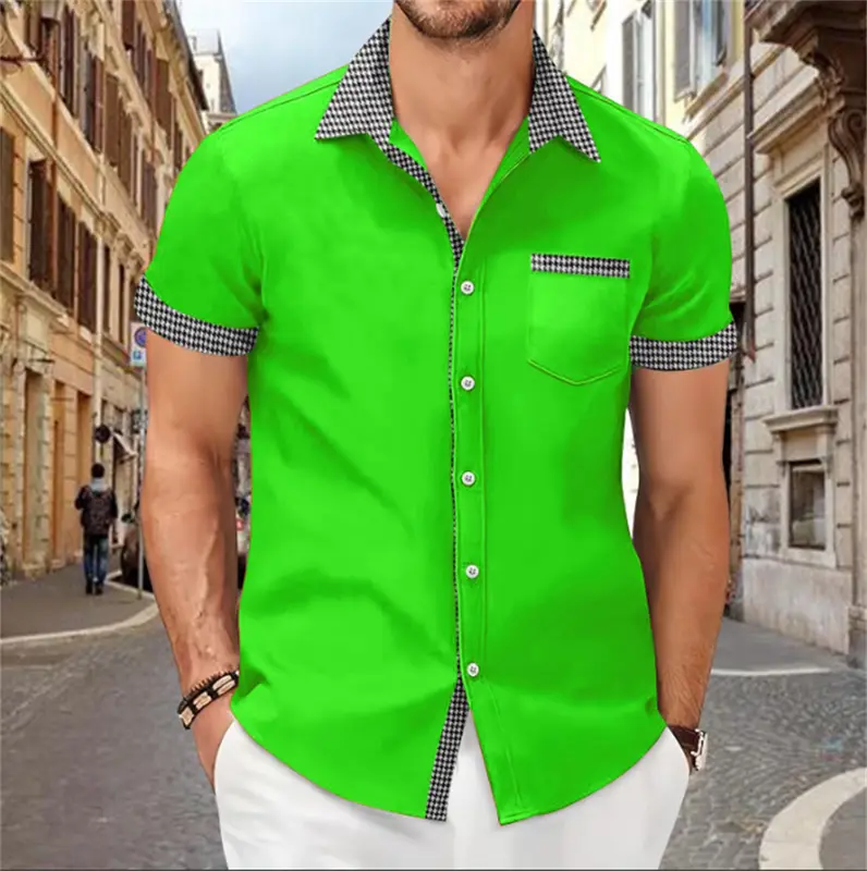 Patchwork Printed Shirt for Men, Solid Color, Comfortable and Soft Short Sleeve Top, Large Size, Summer New - Image 14