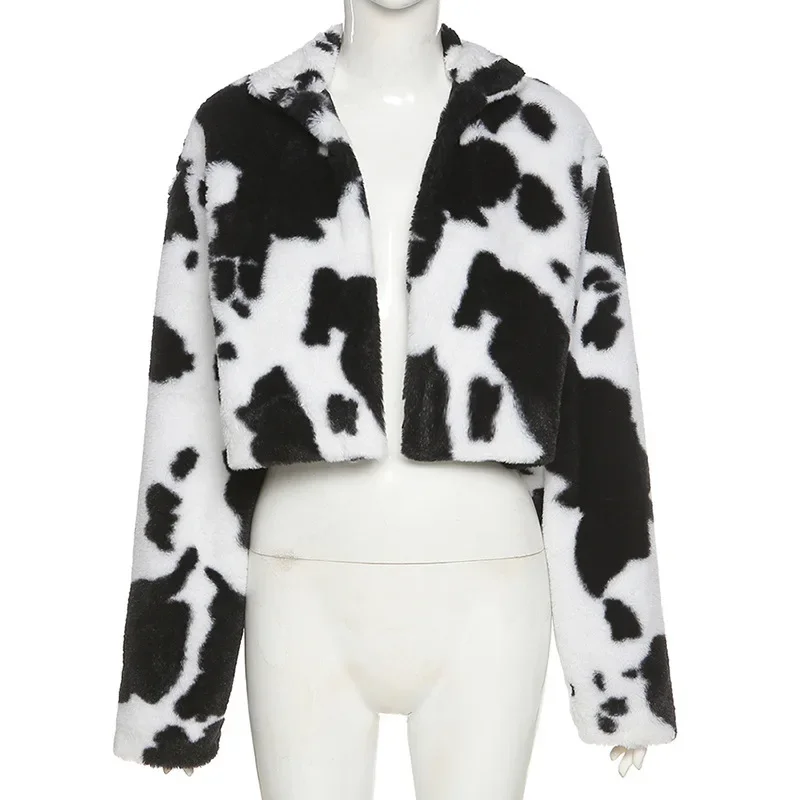 Winter Warm Faux Fur Comfortable Cow Print Women's Jacket Dark Casual Furry Street Style Loose Jacket Women Autumn Loose Jacket