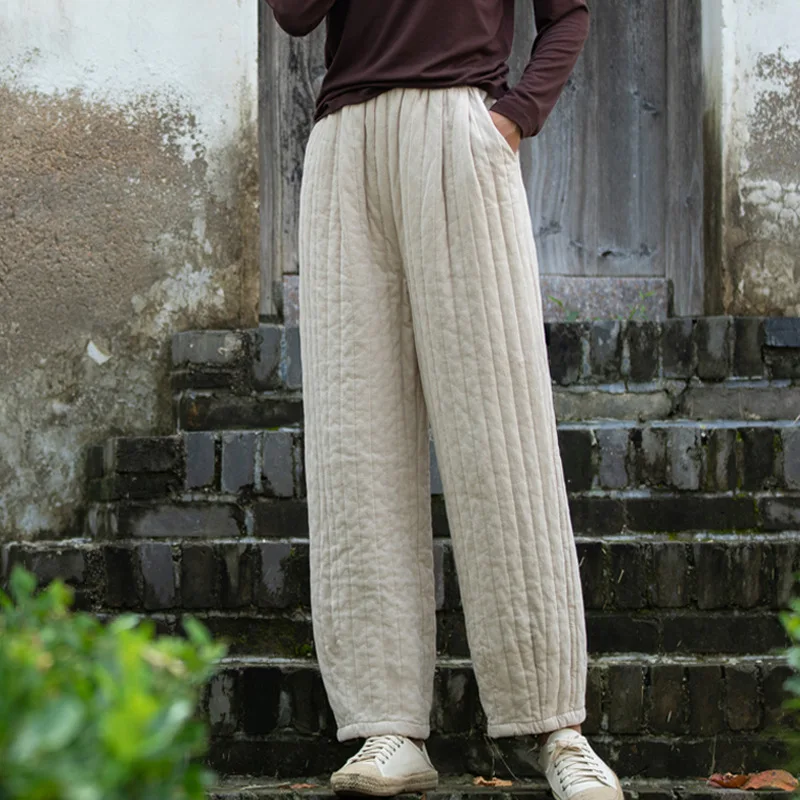 Winter Warm Fleece Women Pant Linen Chinese Traditional Meditation Tai Chi Martial Arts Running Jogging Yoga Workout Casual Pant