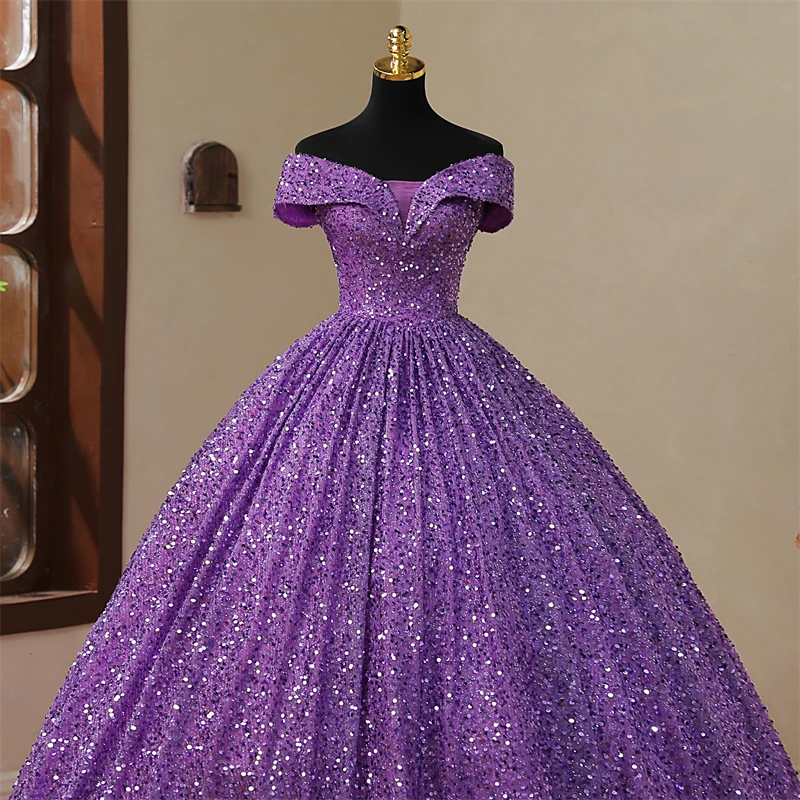 Real Photo Elegant Off Shoulder Sequined Purple Quinceanera Dresses V Nedck For Party Prom Dress Ball Gown Vintage Plus Szie