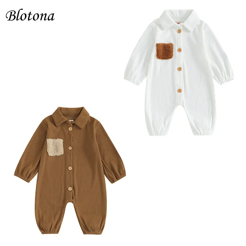 

Blotona Infant Baby Boy Autumn Jumpsuit Contrast Color Button Front Lapel Long Sleeve Footless Romper Casual Playsuit 0-12Months