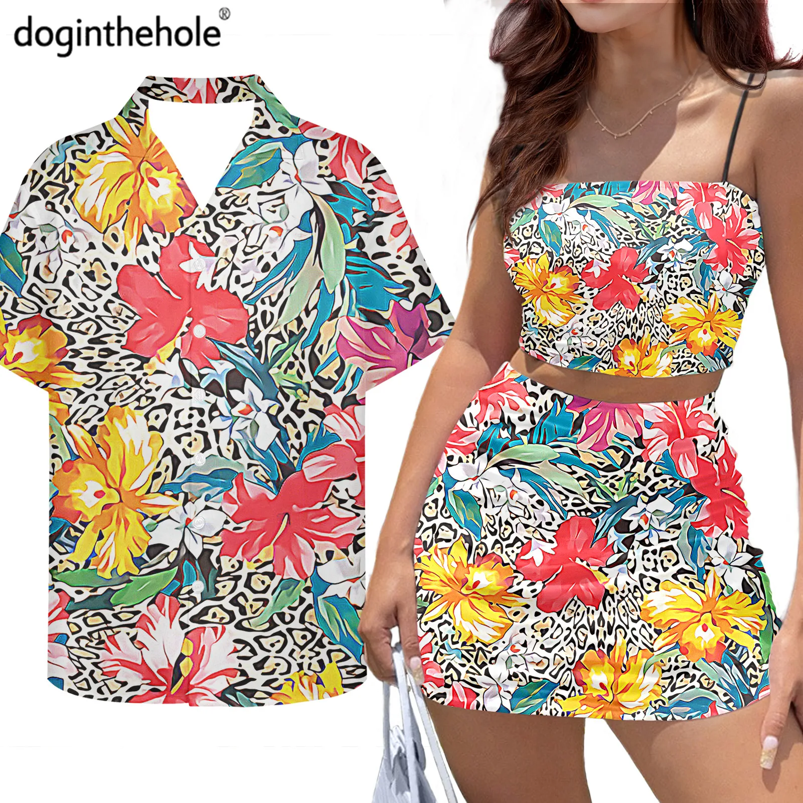 ColorfulTropicalHibiscusandPlamLeavesPrintedBodyconShortDress