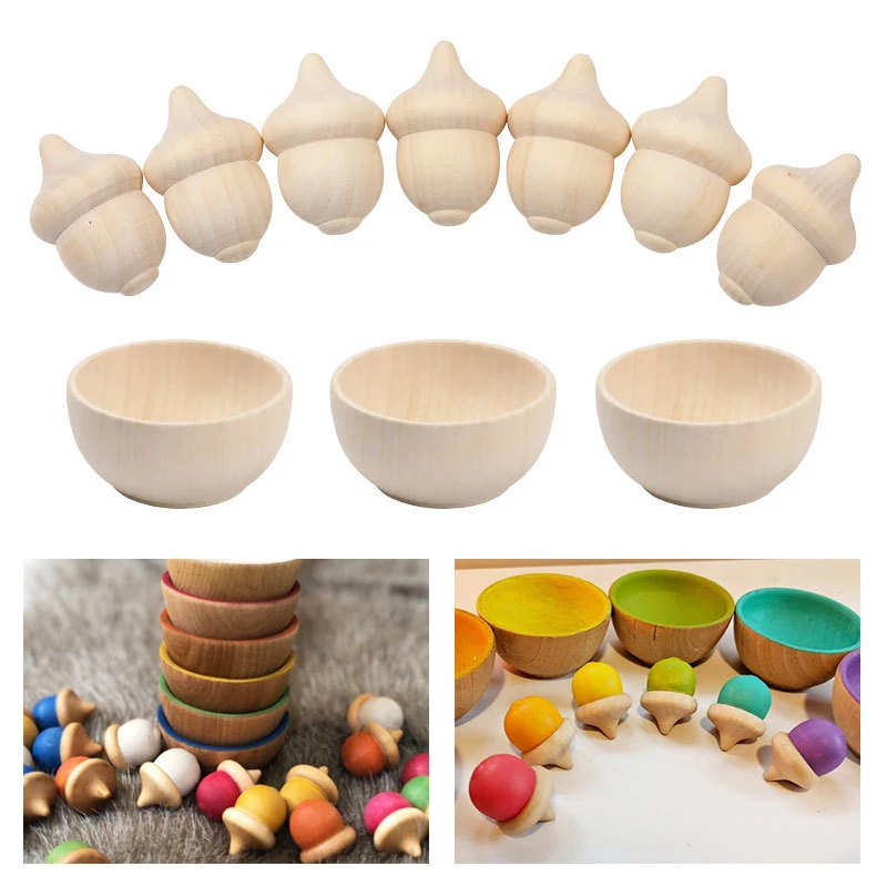1/5Pcs Natural Unfinished Peg Doll Set Unfinished Bowl Acorns Creative DIY Crafts Toy Kid's Painted Doodle Gift Hand Painted DIY