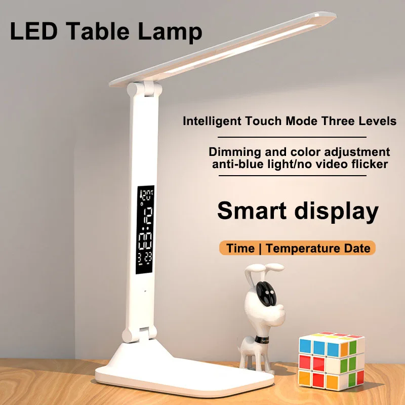 LED Table Lamp New Touch Switch Foldable Dimming with Alarm Clock Temperature Function USB Rechargeable Bedroom Study Desk Lamp