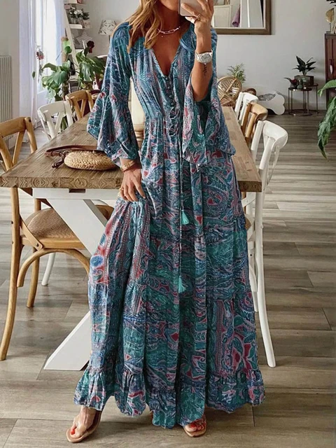 Spring Summer Boho Dress Vintage Long Dress Women Vestido Chiffon Dresses  Elegant Party Dress Long Sleeve Dresses - AliExpress