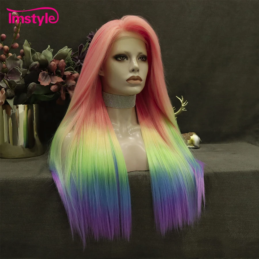 Imstyle Rainbow Synthetic Lace Front Wig Long Straight Multicolor Wigs Colorful Wigs For Women Cosplay Party Wig Heat Resistant