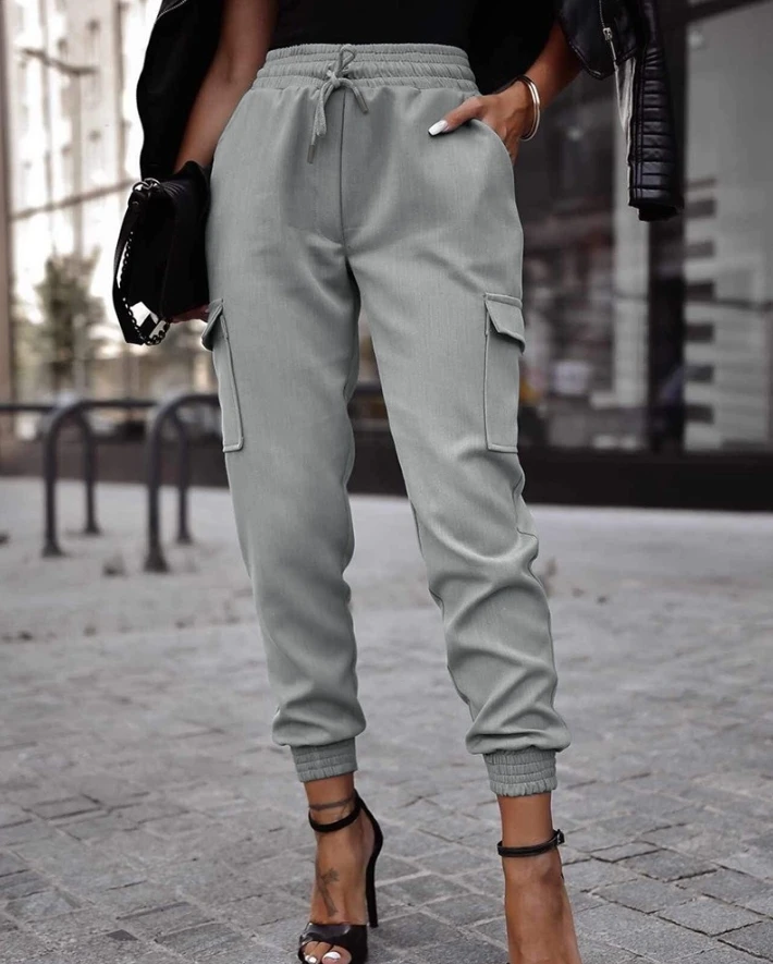 2024 Spring Women Casual Sweatpants Side Pocket Design High Waist Drawstring Trousers Fashion Basic Daily Cuffed Cargo Pants