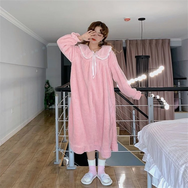 Autumn Winter Coral Velvet Woman Nightdress Female Sweet Lace Turn Down Collar Nightgown Comfortable Causal Home Clothing M-3XL