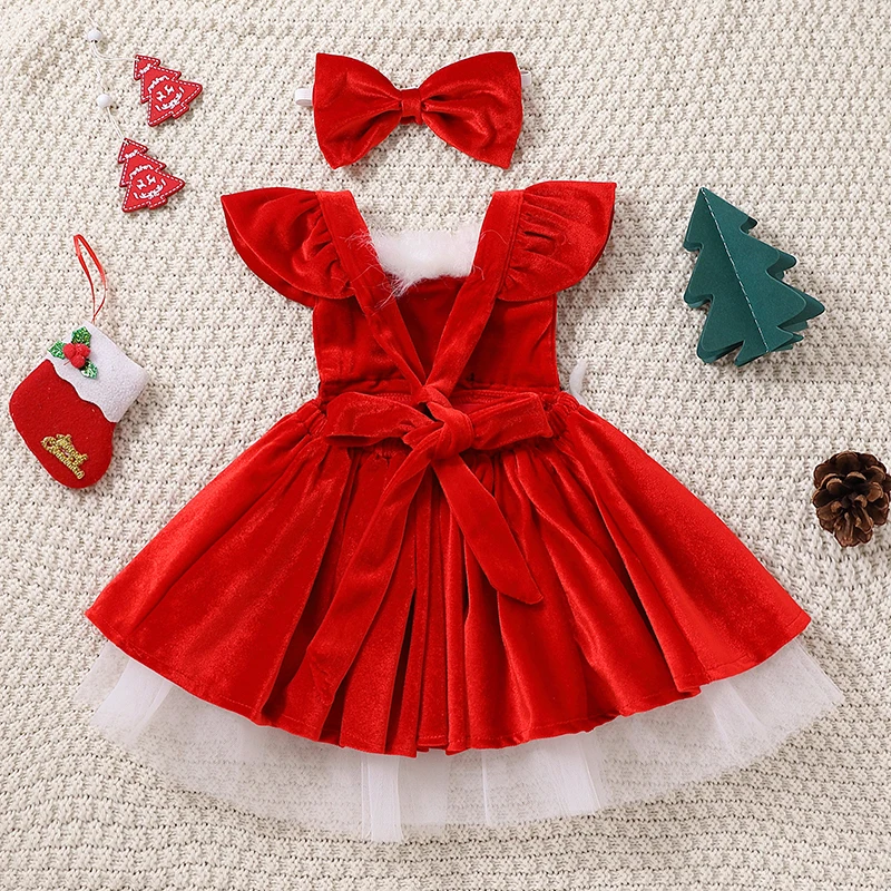 Kid Baby Girl Christmas Clothes Set Faux Fur Patchwork Long Sleeve Off Shoulder A-Line Dress with Belt + Bow Headband girls dress princess costume kids clothes