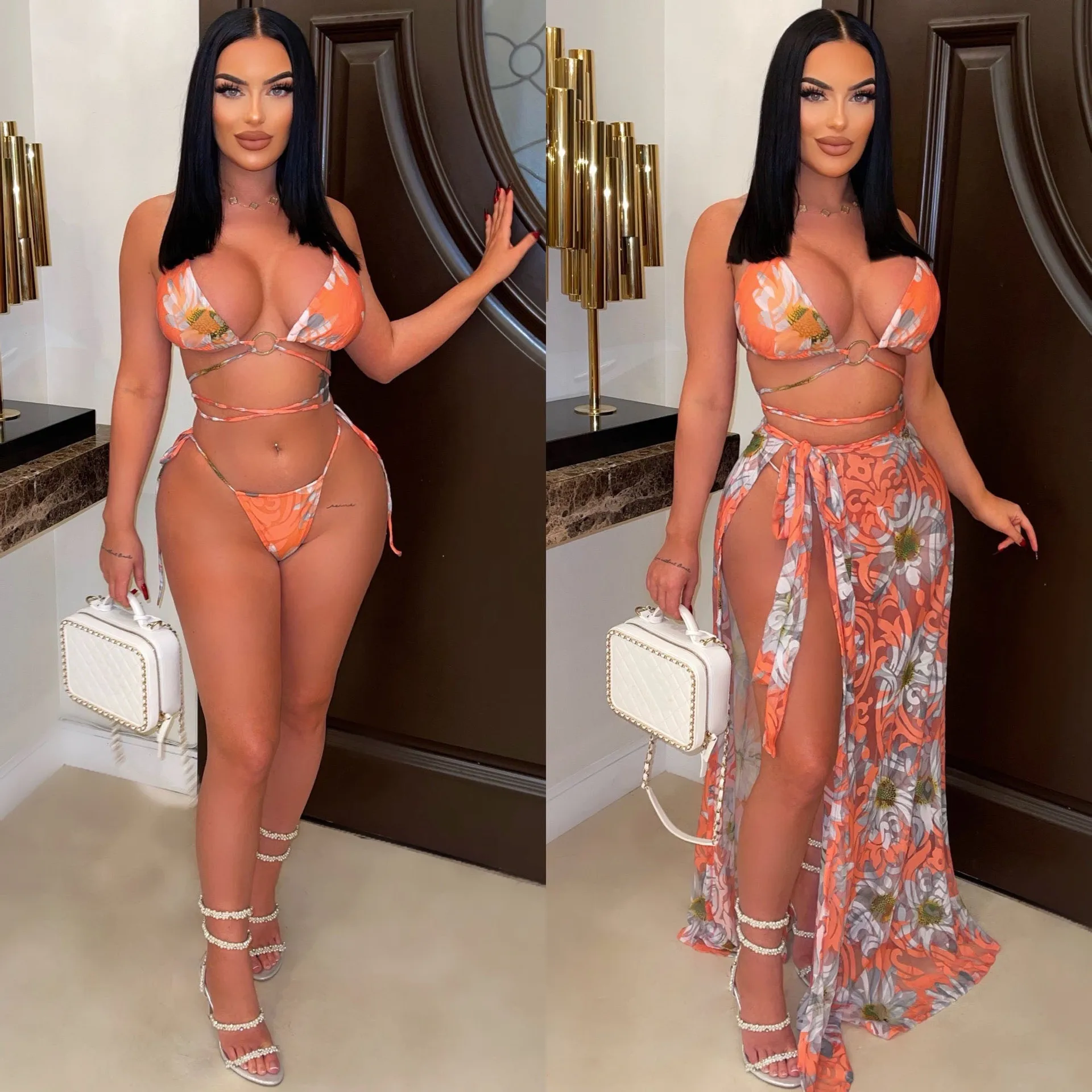 

Sexy Beach Style Sheer Mesh Printed Three Pieces Set Summer Lace Up Bra Top Underwear Tie Split Long Skirt Women's Set Swimsuti