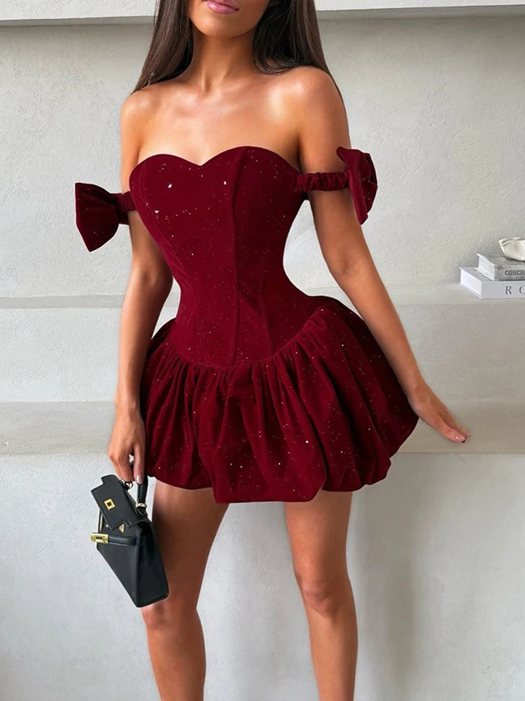 Nibber Fine Glitter Christmas Dress Women Slash Neck Sleeveless Fluffy Hem Folds Slim Fashion Sweet Elegant Party Mini Bodycon