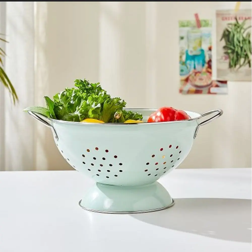 Carbon Steel Enamel Coated Fruit Basket Rust-proof Self Draining Fruit Drain Basket Drop-proof Vegetable Strainer Countertop