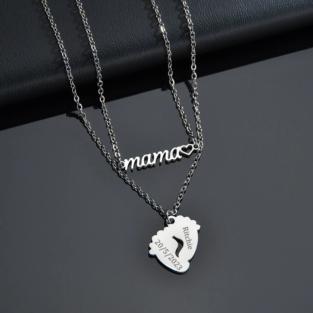 

Stainless Steel Jewelry Custom Feet Engraving Baby Name Date Pendant Women's Necklace Personalized Couple Child Anniversary Gift