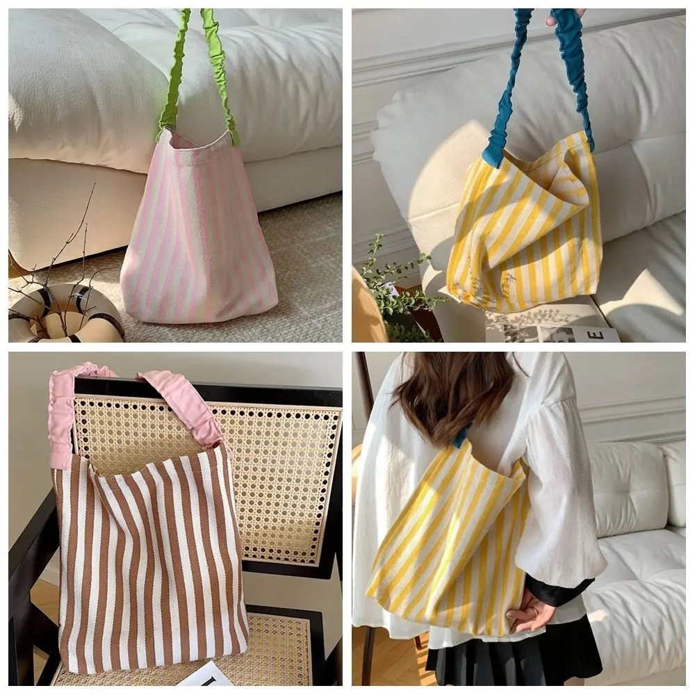 

Pleated Shoulder Strap Stripe Canvas Bag Portable Large Capacity Cloth Shoulder Bag Mommy Bag Shopping Bag Tote Bag Students