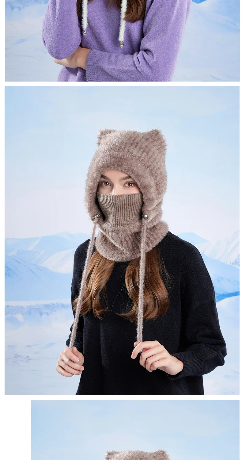 Winter Frauen Samt Gestrickte Woolen Balaclava Hut Gehörschutz Flauschigen Hut Maske Hals Integrierte Wärme Abdeckung Hut Dame Mit Kapuze Kappe – Detail 13