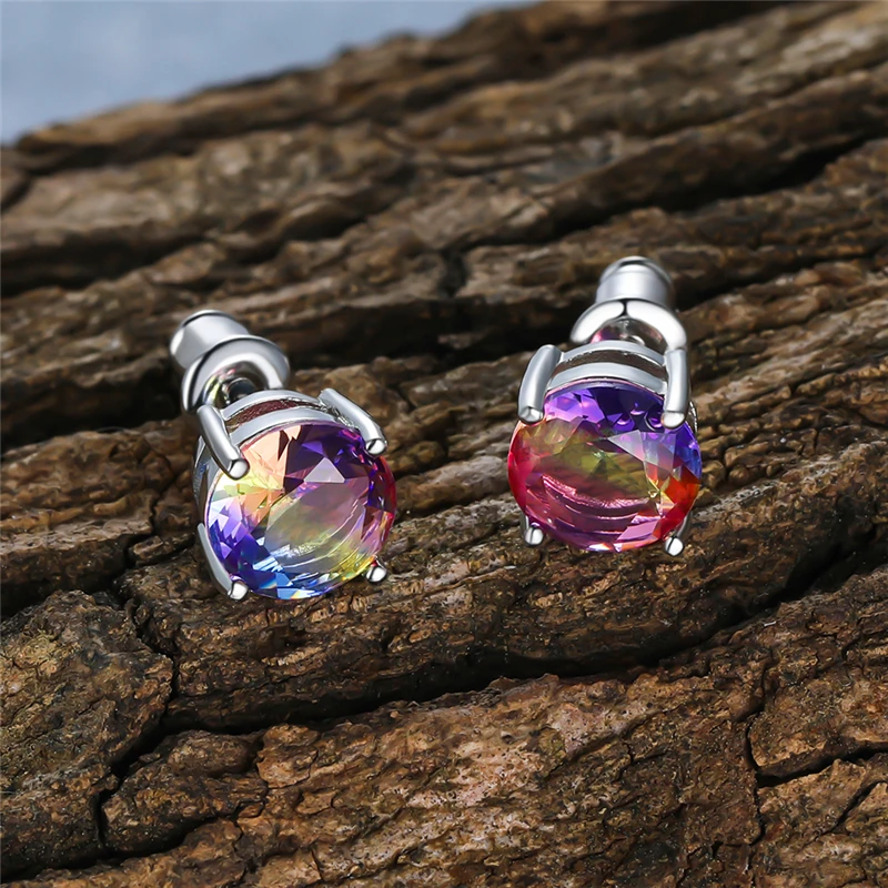 Luxury Female Crystal Rainbow Zircon Stone Round Stud Earrings Vintage Silver Color Wedding Fashion Jewelry For Women