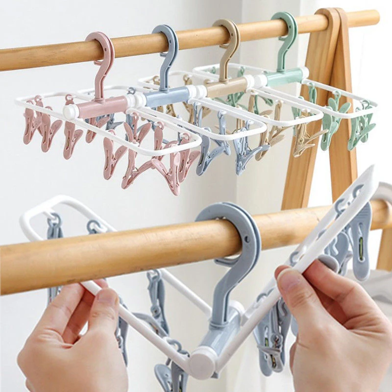 1PC Folding Sock Clip hanger 12 Jacket Rack Foldable Portable Drying Rack Home Underwear Socks Bedroom Storage