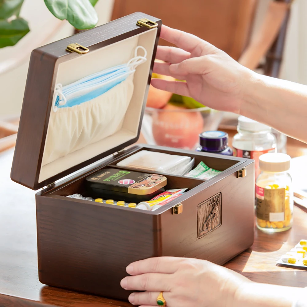 Luxury Wood Medicine Box Organizer Double Layer Portable First Aid Kit Pillboxes Large Capacity Storage Box Household Pill Case 2