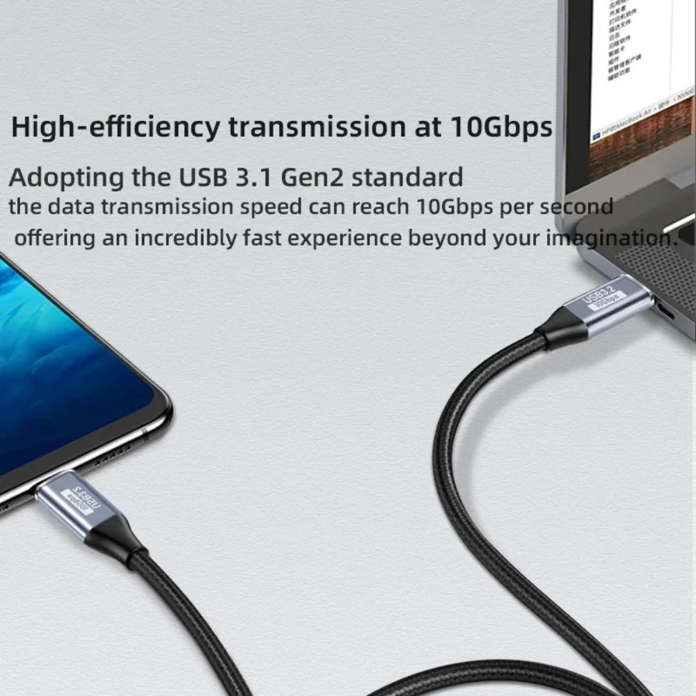 100W PD 고속 충전 케이블 5A 타입 USB C 3.1 Gen 2 남성-여성 연장 코드 90도 각도 10Gbps USB C 연장 데이터 케이블
