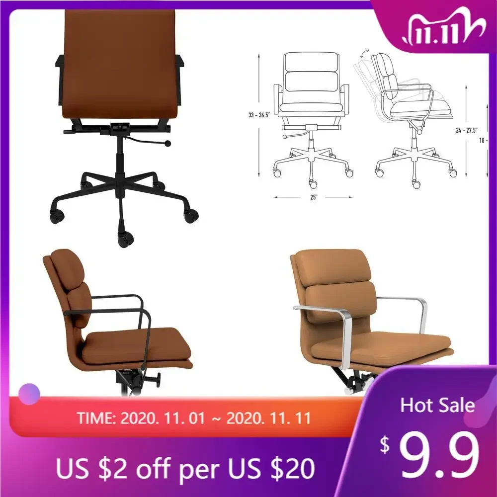 "mid-back ergonomic office chair with padded seat, armrests, swivel, and faux leather upholstery"