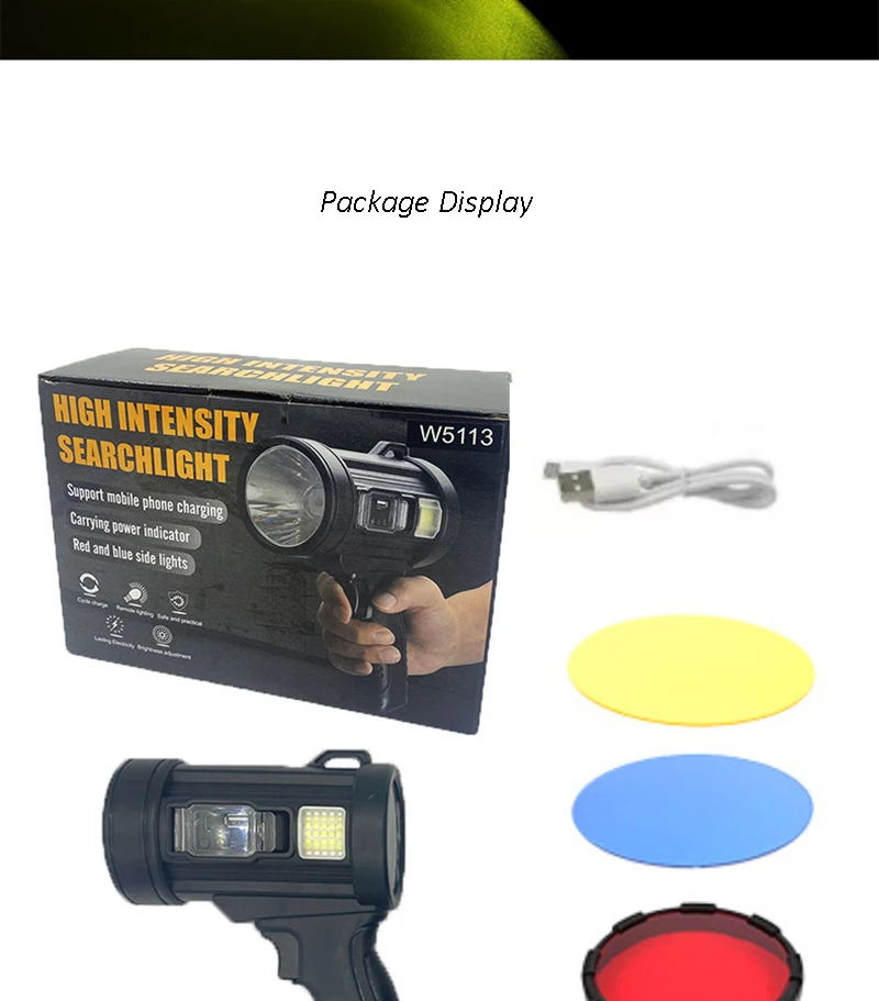 Description Picture 4 of item1Pc High Power Rechargeable Led Flashlight Searchlight Powerful Torch Spotlight Portable Lighting With 8000mAh Lithium Battery