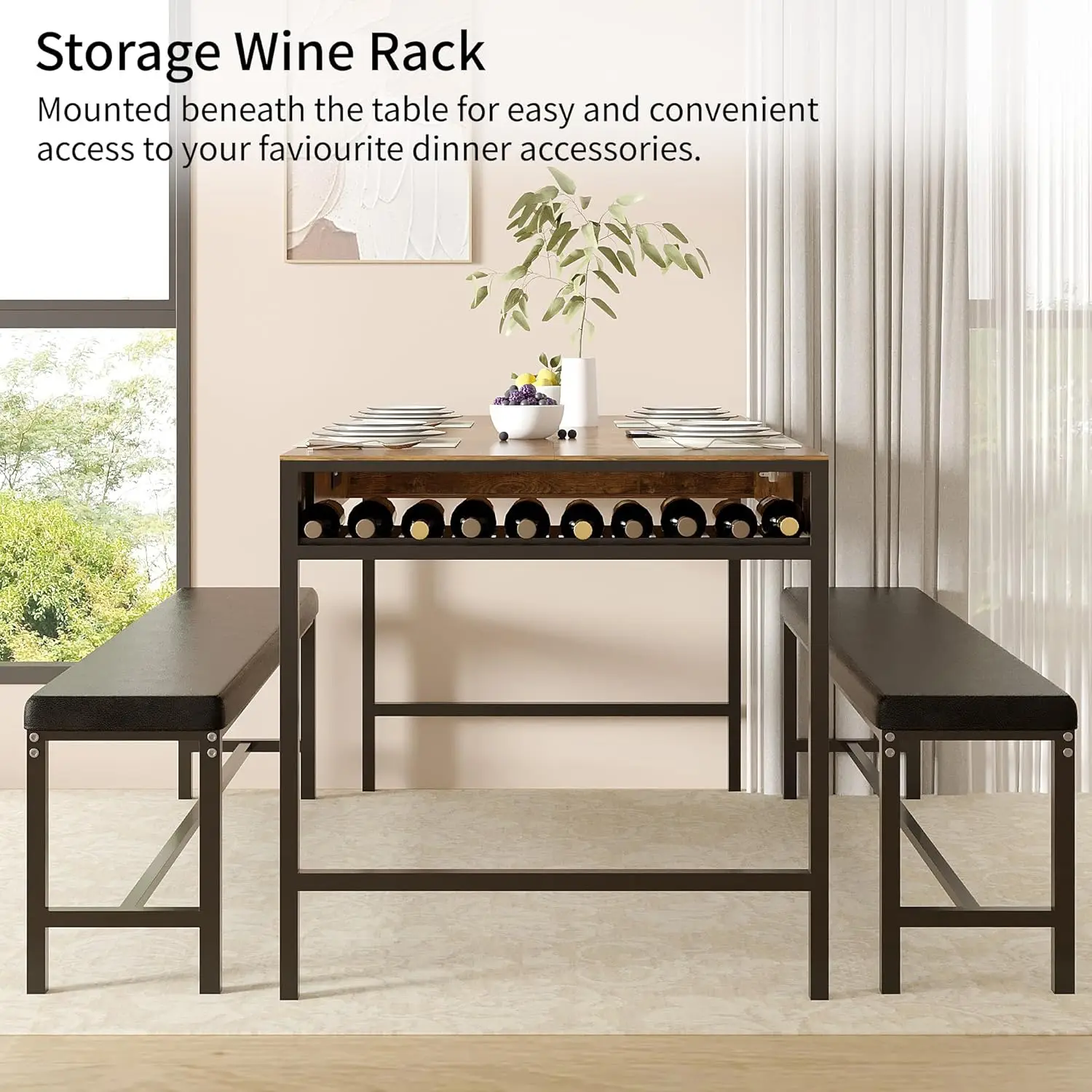 new-65" Dining Table Set for 4-6, 3-Piece Kitchen Set with 2 Utensil Drawers, 2 Benches & Wine Rack, Space Saving & Heavy Duty