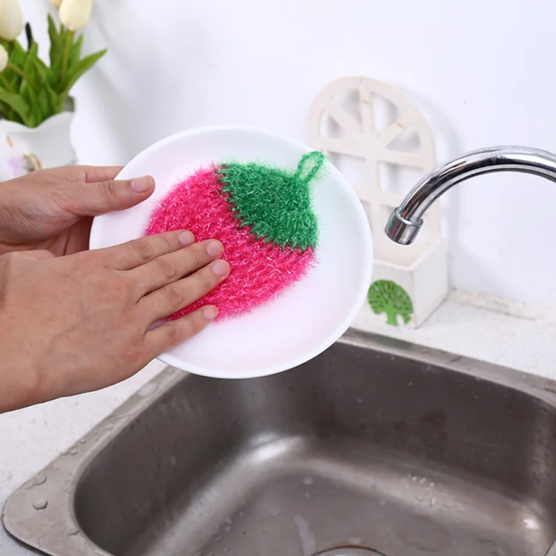 Estropajos acrílicos en forma de fresa para lavar platos, esponja colorida  para platos sin olor, red de esponja de cocina, paquete de 4