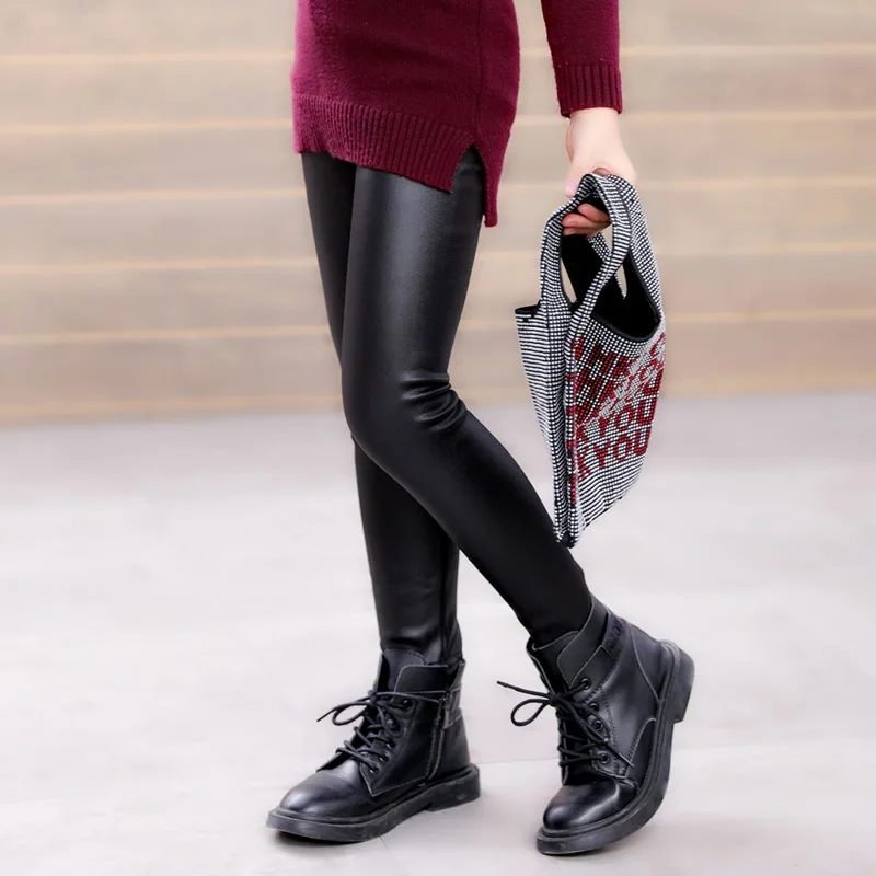 Little Girls Leggings Winter Kids Thick Velvet Leggings Pencil Pants Children Warm Trousers Faux PU Leather Legging Slim Pants