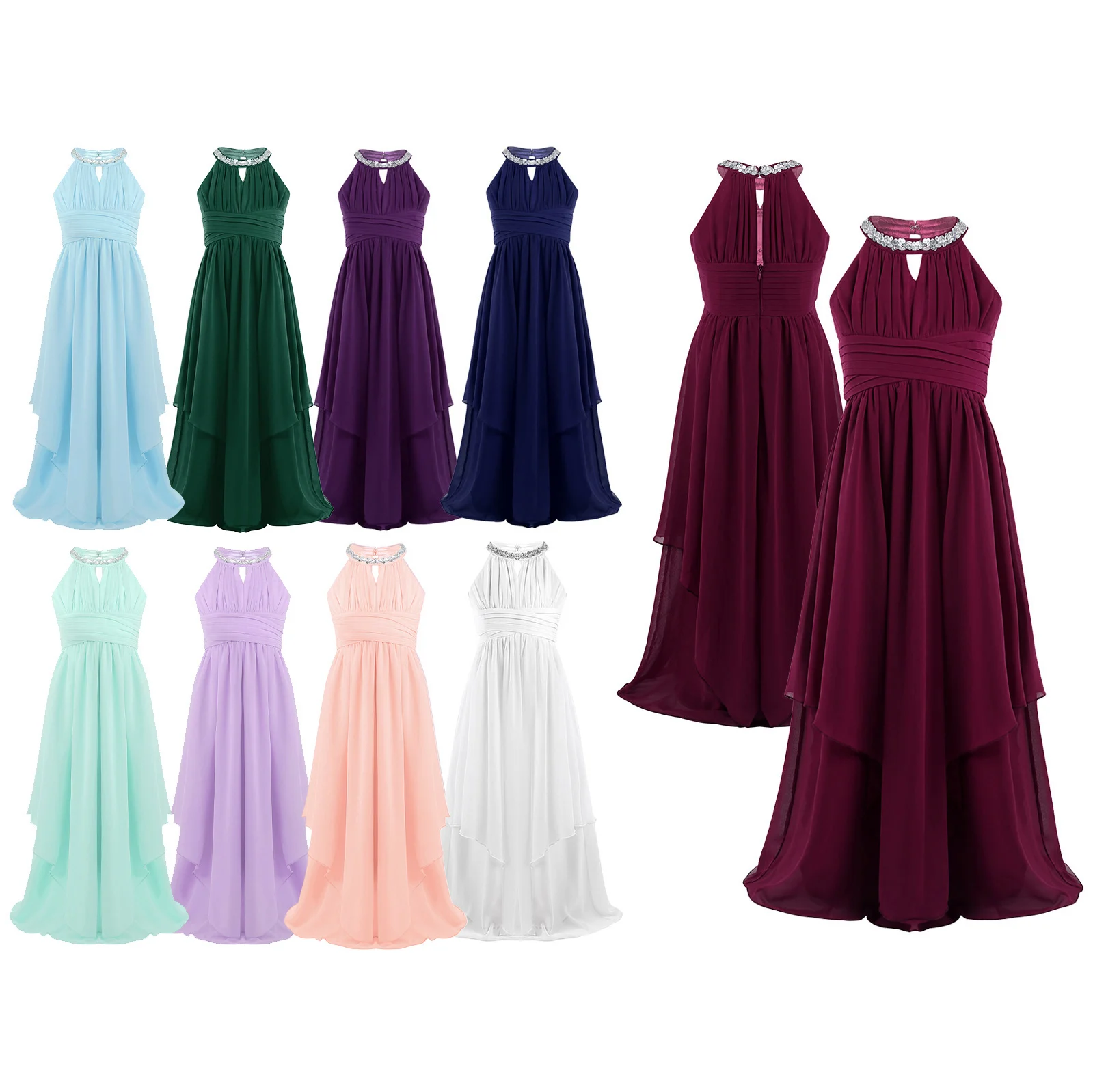 Little Bridesmaid Dresses Chiffon Sleeveless Pleated Sequined Halter Kids Girls Birthday Party Princess Dress Pageant Wedding