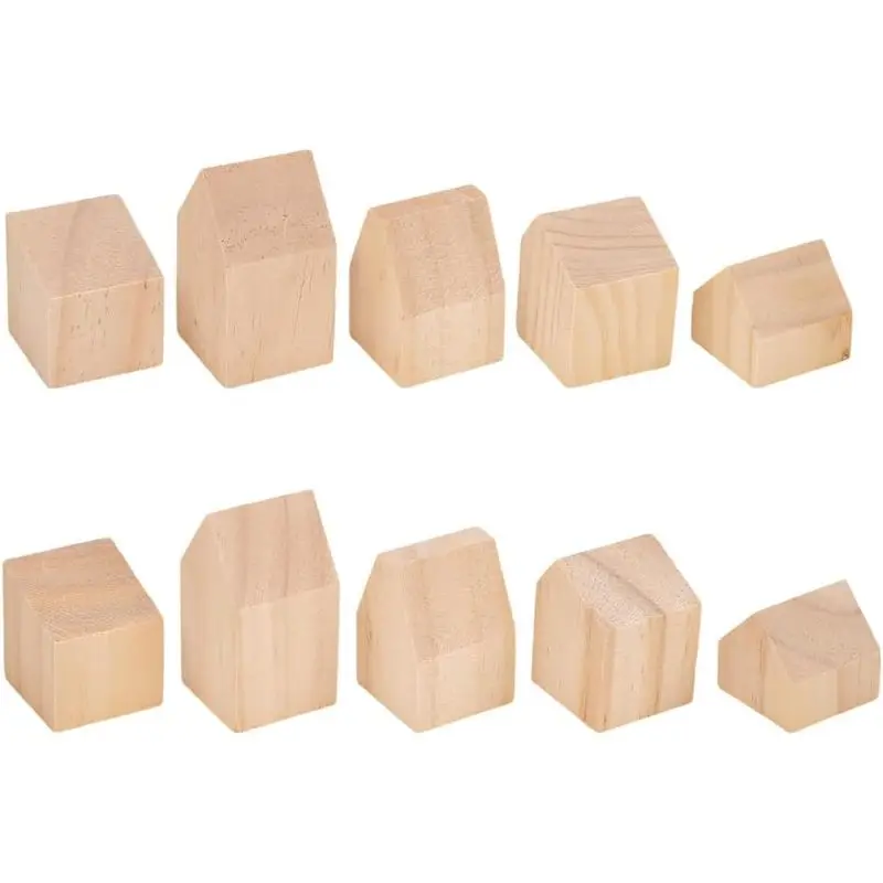 Set of 10 Unfinished Wooden House Blocks for Crafting and Decorating