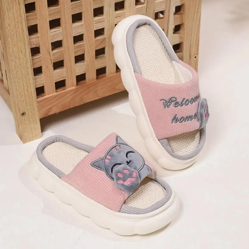 Linen Casual Slippers Women House Platform Cute Cartoon Cat Designer Shoes Girls Flat Fashion Elegant Footwear Indoor Large Size — view 4