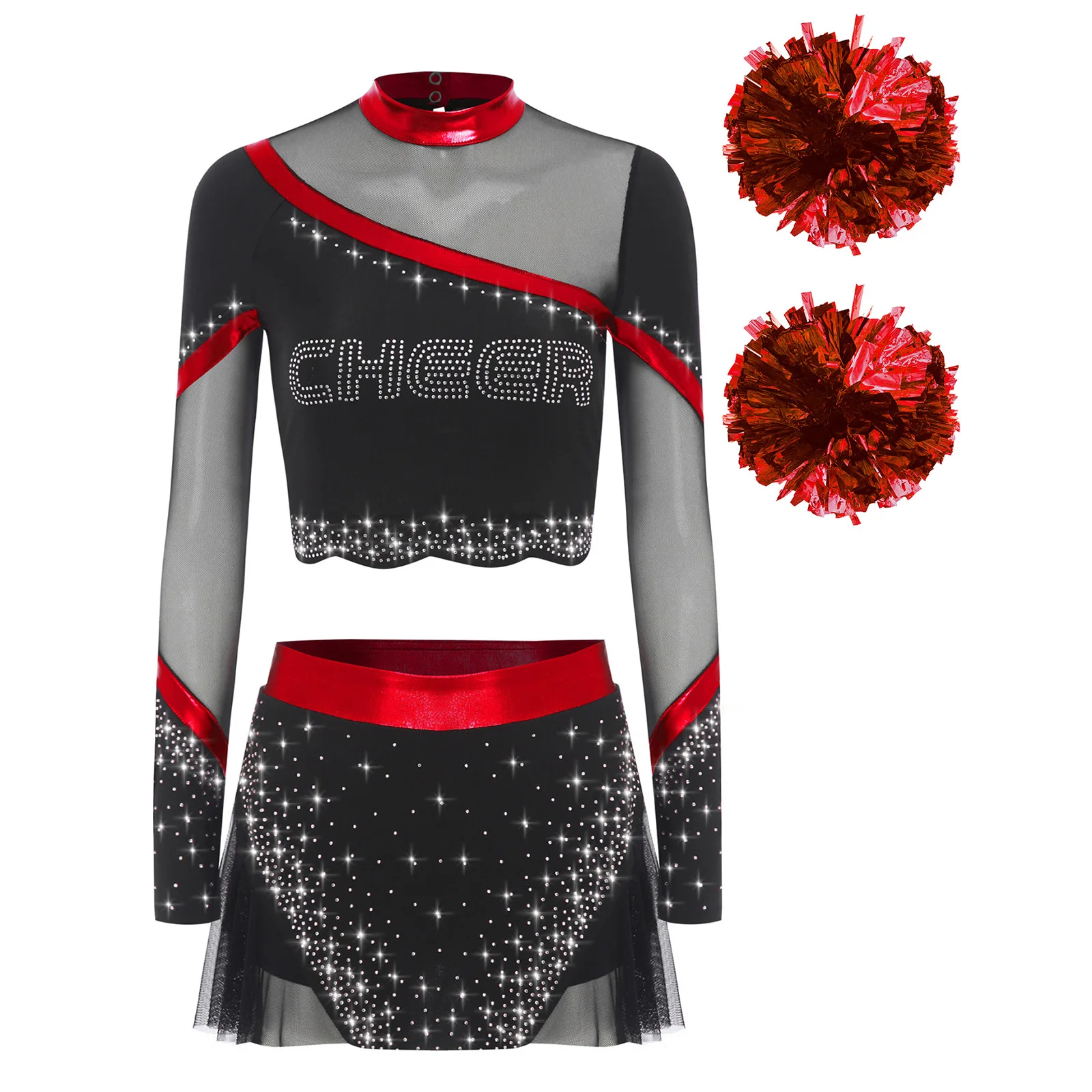 4-teiliges Cheerleading-Tanz-Outfit für Damen, Cheerleader-Kostüm, langärmliges Pailletten-Crop-Top mit Tanzrock und Handblumen-Set – Detail 17