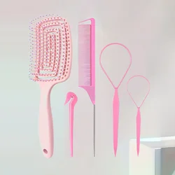 Enhanced Hair Styling Tool Set - Includes Braid Loop Tools, Rat Tail Comb, and Elastic Band Remover (Pink 5pcs)