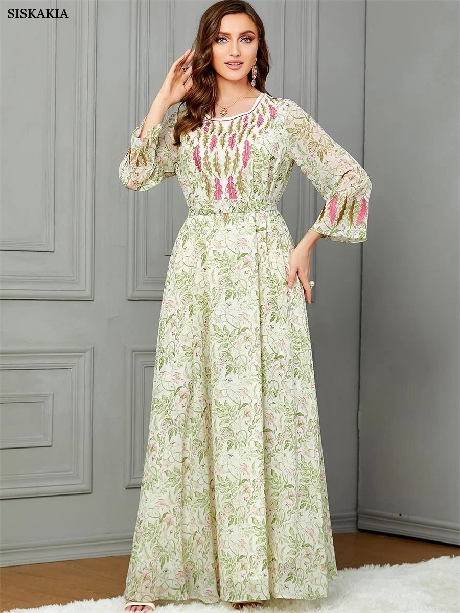 

Siskakia Printing Diamonds Floral Emboridery Chiffon Long Sleeve Belted Dress Elegant Daily Party Moroccan Turkish Gulf Clothing