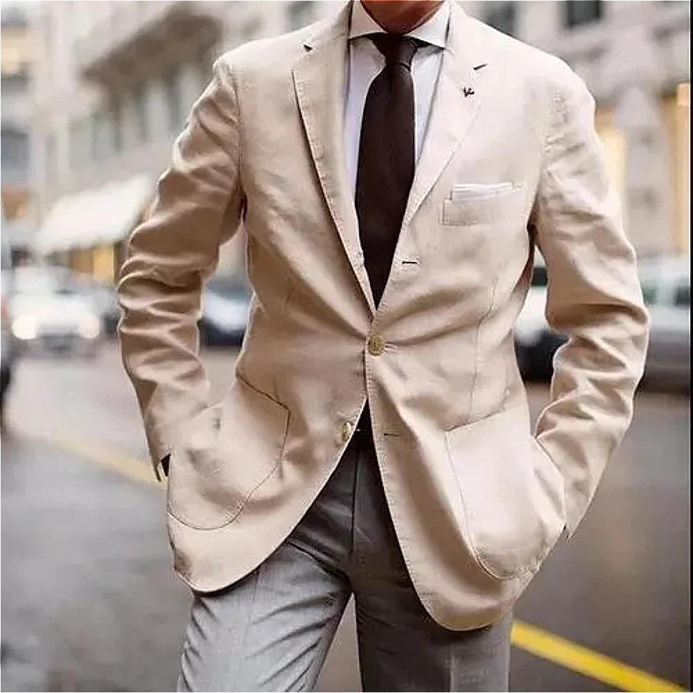 Beige Grey Linen Smart Casual Men Suit Wedding Suit for Men Prom Elegant Blazer Sets Slim Fit 2 Piece Groom Tuxedo Costume Homme