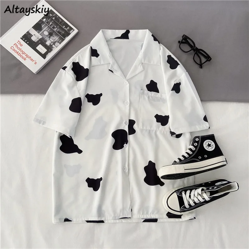 

Cow-print Shirts Women Summer Loose Elegant Sweet Casual Notched All-match Basic Tops Pockets Breathable Fashion Students Cozy