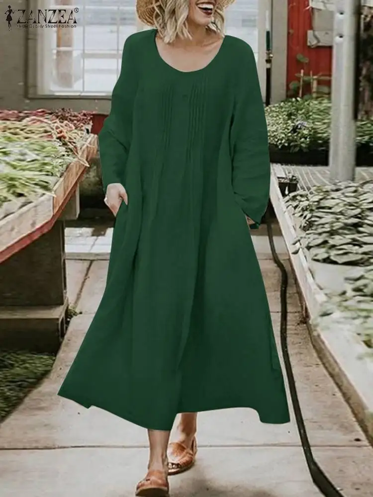 

ZANZEA Spring Solid Mid-calf Dress Women Vintage Sundress Fashion O Neck Long Sleeve Casual Loose Pleated Party Vestido Kaftan