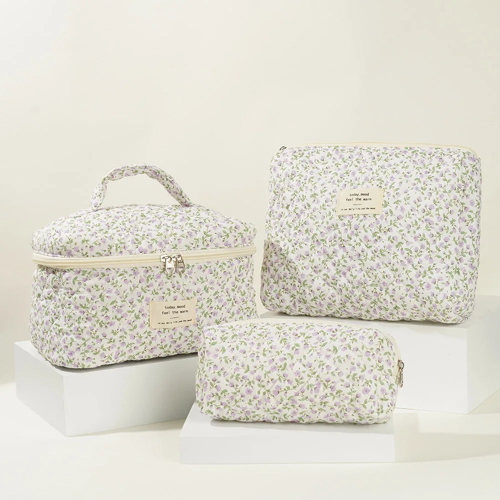 3 Pcs Cosmetic Bag Set Women Floral Makeup Pouch Japanese Flower Printed Quilted Skincare Storage Bag Aesthetic Beauty Wash Bags 6