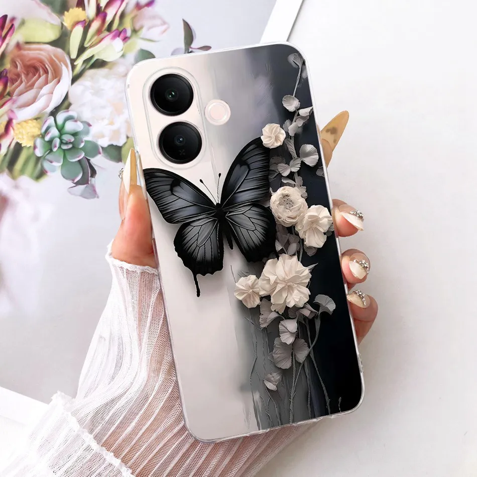 Charming Floral Butterfly Cat Soft Silicone Phone Case