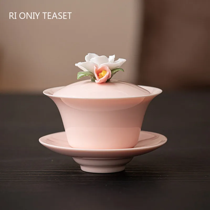 Creative Hand-kneading Flowers Ceramic Gaiwan Handmade Suede Jade Porcelain Tea Tureen Teacup Household Tea Bowl Chinese Teaware