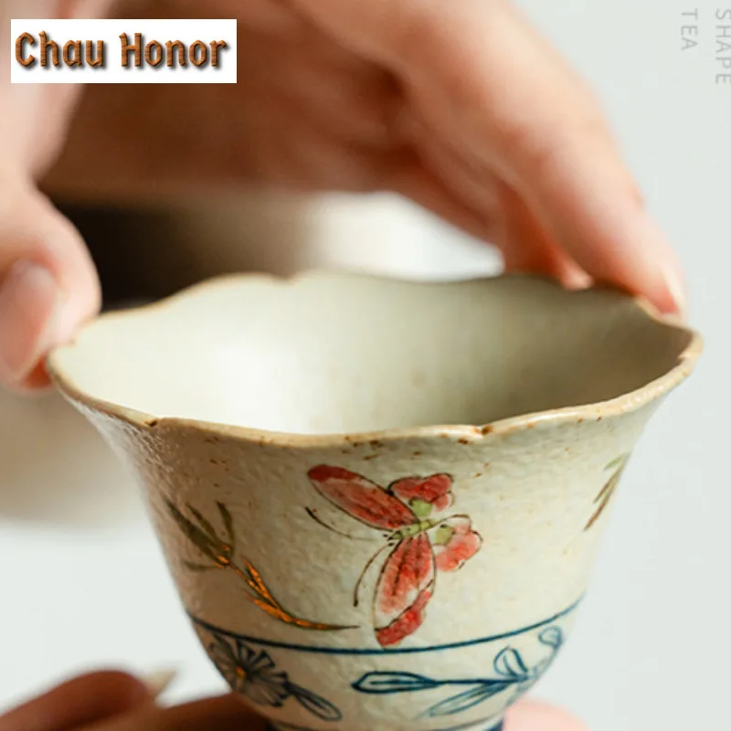 60ml Blue And White Flint Red Teacuphandmade Gold Drawing Butterfly Orchid Tea Bowl Petal Tea Cup Set Small Master Cups Teaware