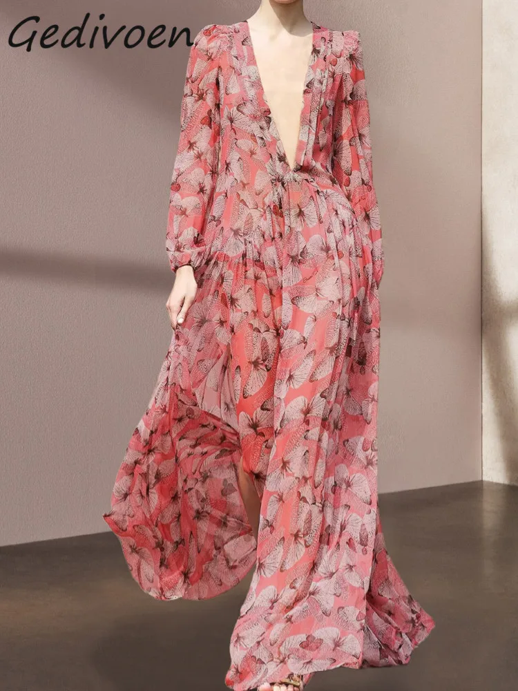 

Gedivoen Summer Fashion Designer Vintage Chiffon Dress Women's Deep V-Neck Lace Ruffles Vacation Party Floral Print Loose Dress