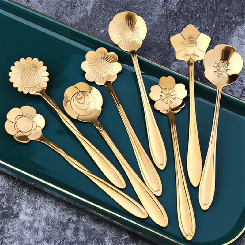 Stainless Steel Spoon Tea Spoon 8pcs Cherry Rose Flower Gold Scoop Coffee Spoon Kitchen Dessert Tea Accessories Tableware Decoration Set